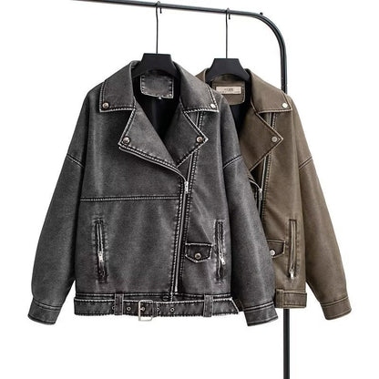 Women's loose leather jacket with turn-down collar front view