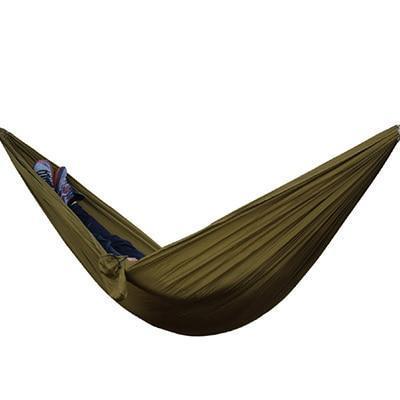 Portable nylon parachute backpacking hammock for outdoor use, double hammock design shown suspended between trees