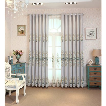 Slub cotton embroidery curtain fabric in textured woven cotton with decorative embroidered details