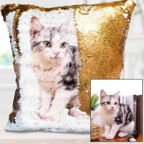 Custom photo sequins throw pillowcase, reversible sequin design in close-up view