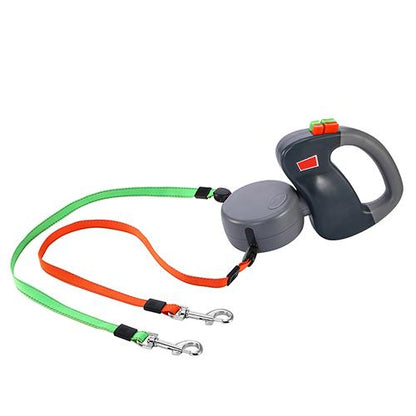 Retractable dual pet dog walking leash with two extendable leads for walking two dogs simultaneously