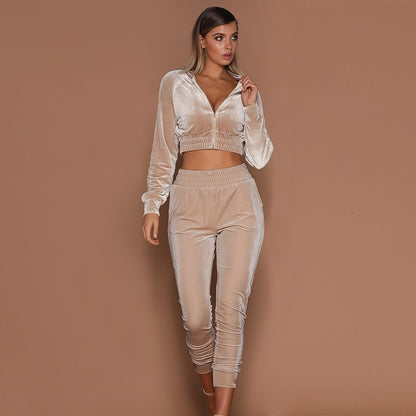Autumn winter women's suede clothing in soft suede fabric, full outfit view