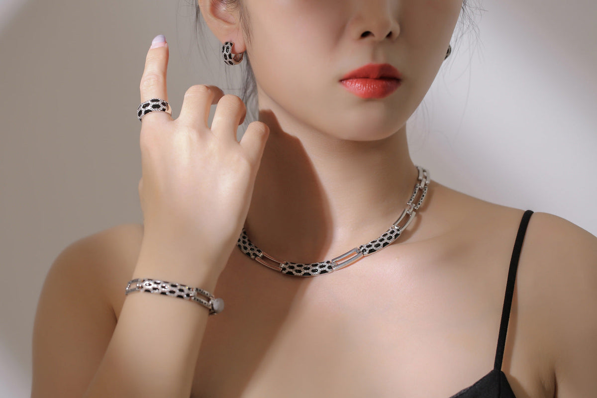 Korean style diamond earring and necklace set in a matching jewelry design