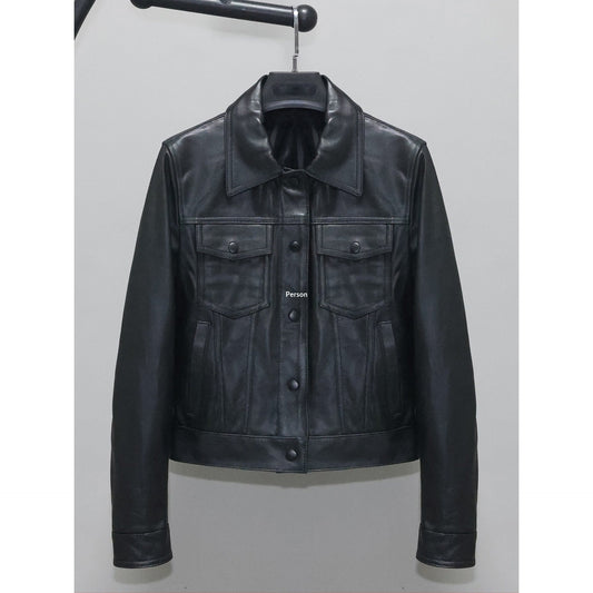 Women's slim-fit short full-grain sheepskin leather jacket in black; front view