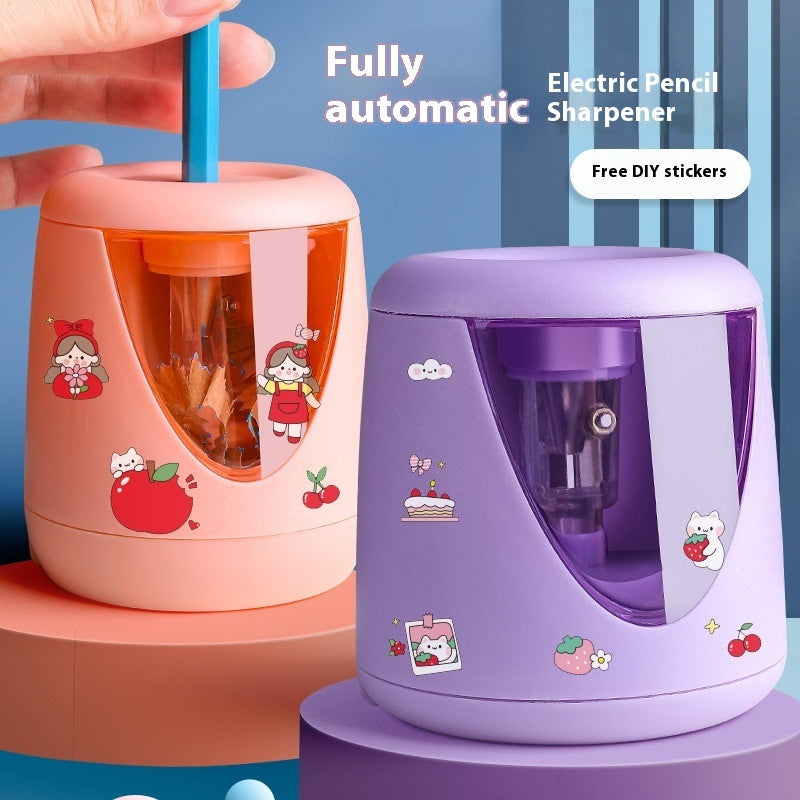 Automatic cute children's portable electric pencil sharpener in pink with roll design