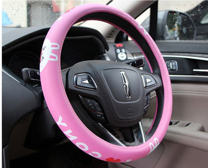 Cute Korean female steering wheel cover by My Store, pink character design on black cover