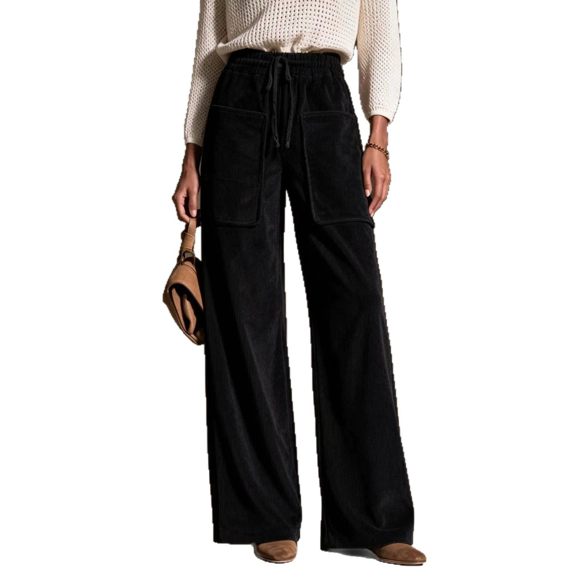 Women's high-waisted drawstring corduroy wide-leg pants in textured fabric、】【