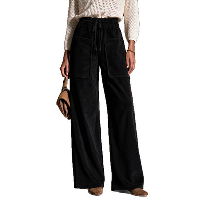 Women's high-waisted drawstring corduroy wide-leg pants in textured fabric、】【