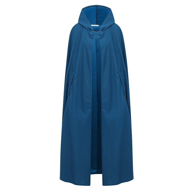 Four-color hooded tie shawl with a colorful striped design and hood ties