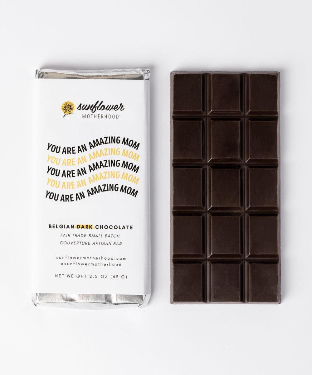 Sunflower Motherhood Belgian chocolate bar with smooth, rich dark chocolate, showcasing a glossy surface and elegant packaging.