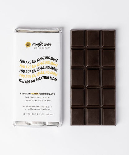 Sunflower Motherhood Belgian chocolate bar with smooth, rich dark chocolate, showcasing a glossy surface and elegant packaging.
