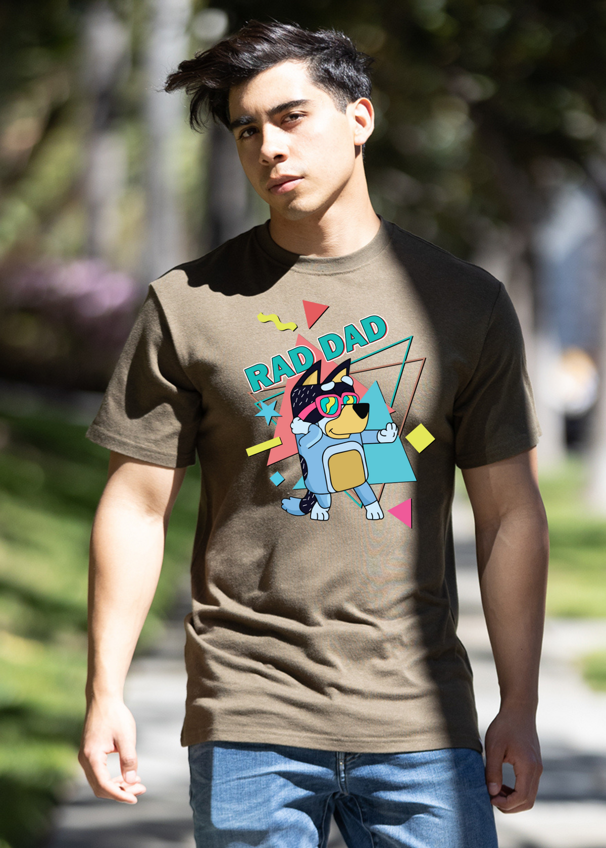 Blue men's printed bamboo T-shirt featuring a Rad Dad graphic from Spun Bamboo, short sleeve design with vibrant colors.