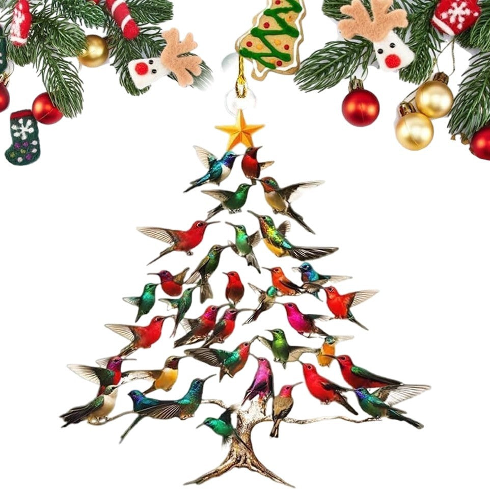 Hummingbird Christmas tree hanging decorations featuring colorful hummingbird ornaments for festive holiday display