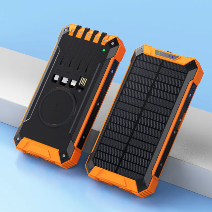 Solar wireless power bank by BACKUPMYFILESNOW® with solar panel, USB ports, and compact portable design for charging devices outdoors.