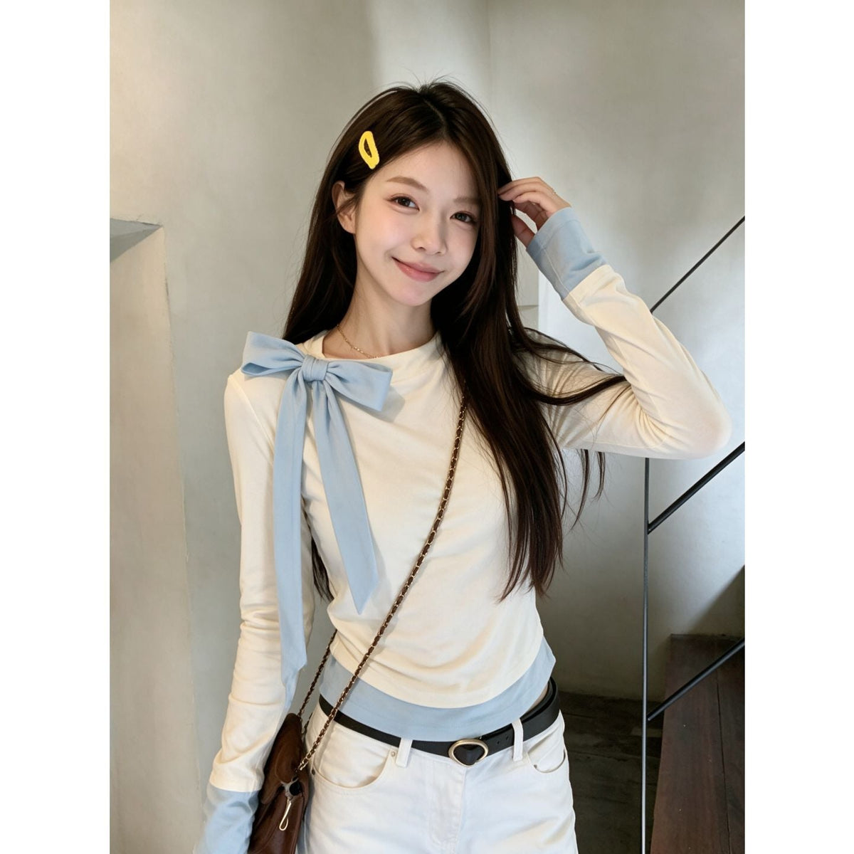 Light blue long-sleeved women's blouse with a bow detail by My Store