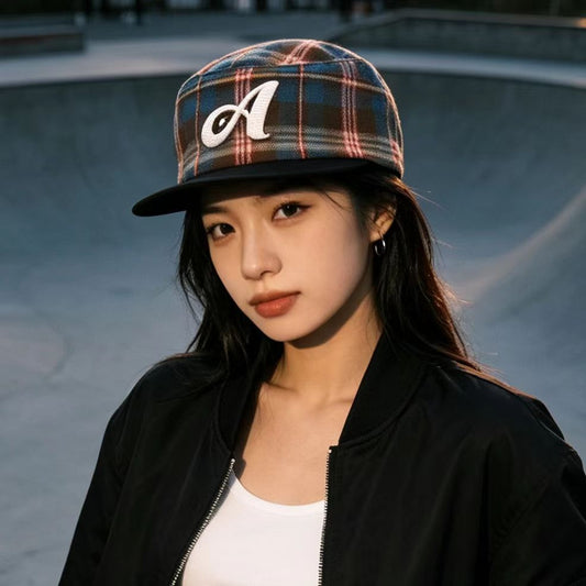 Plaid patchwork flat-brim baseball cap with 3D letter D, American retro streetwear style