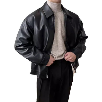 Leather casual baseball uniform motorcycle jacket in black with zip front and ribbed collar