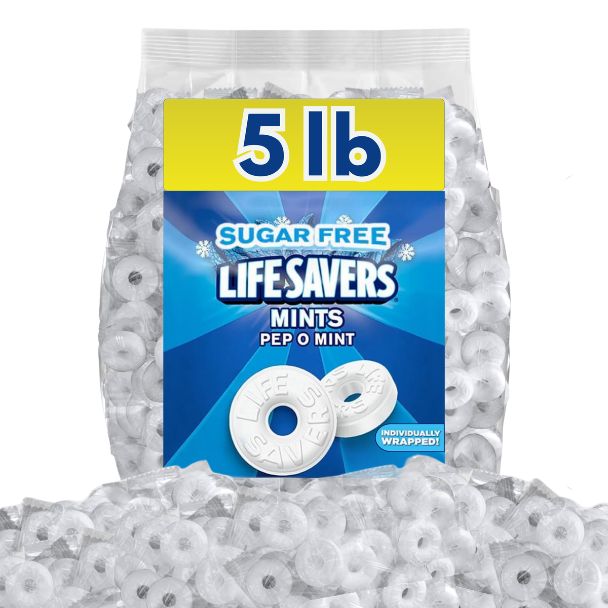 Assorted Candy In Bulk Life Savers Sugar Free Mints Pep-O-Mint in a large bulk bag, showing individually wrapped mint candies.