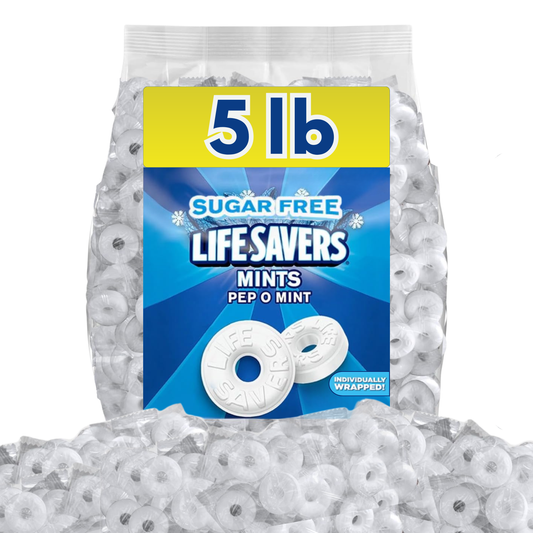 Assorted Candy In Bulk Life Savers Sugar Free Mints Pep-O-Mint in a large bulk bag, showing individually wrapped mint candies.