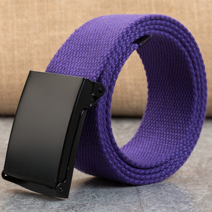 Candy-colored canvas men's snap-clasp belt close-up