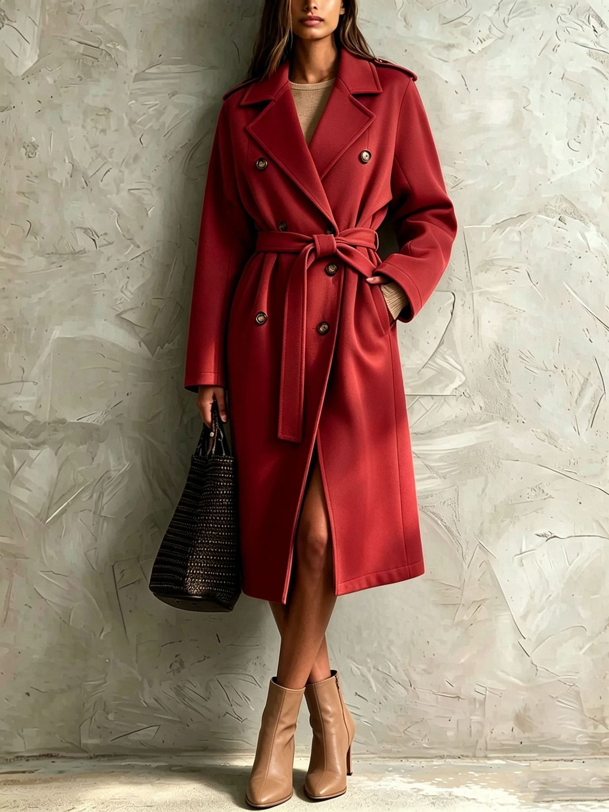 Double-breasted belted mid-length wool coat in classic tailored style