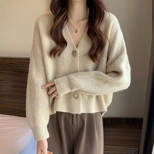 Women's Korean-style V-neck long-sleeved solid color sweater cardigan coat in autumn and winter style