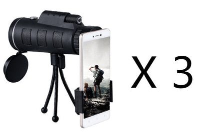 Apple-compatible monocular telescope zoom scope with compass, phone clip, and tripod