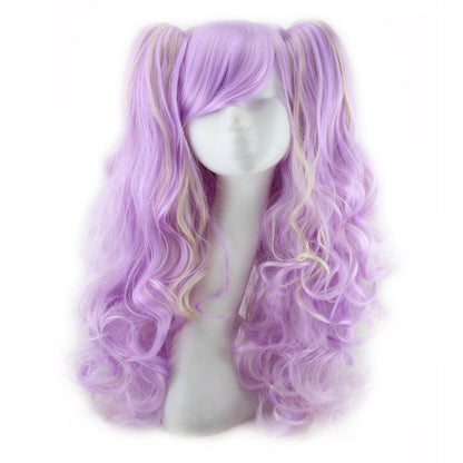 Colorful long curly wig with voluminous curls in vibrant shades, shown from the front