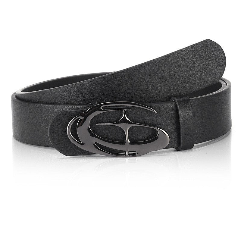 Women's slim leather belt with hollowed-out irregular-shaped buckle, designer-inspired style