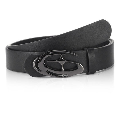 Women's slim leather belt with hollowed-out irregular-shaped buckle, designer-inspired style
