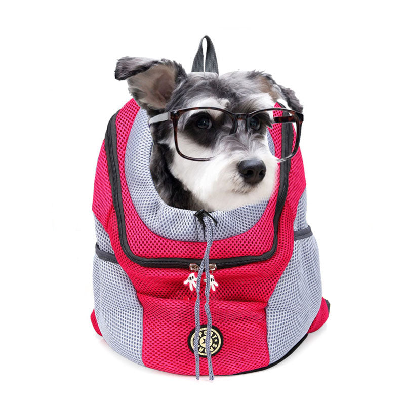 Pet backpack dog carrier in a compact design for comfortable travel, shown from the front