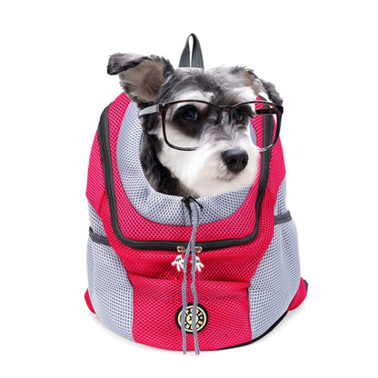Pet backpack dog carrier in a compact design for comfortable travel, shown from the front