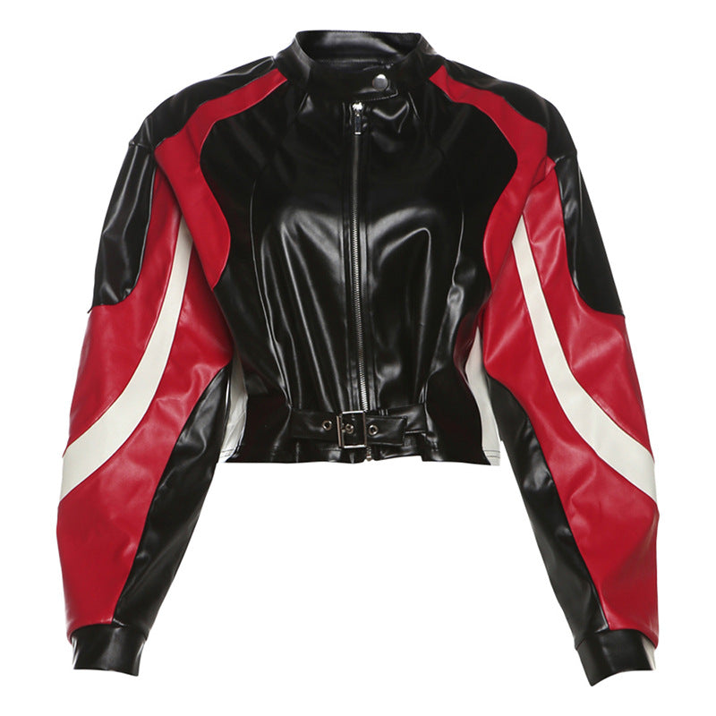 Black slim-fit round-neck PU leather motorcycle jacket with front zipper and zippered pockets