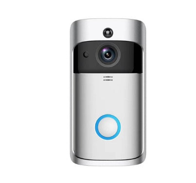 Wireless video camera ringer doorbell with visible camera lens and doorbell button