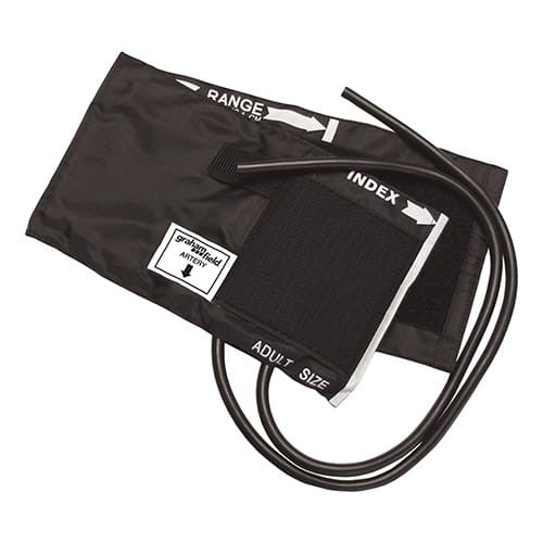 Black nylon thigh inflation cuff and bladder for blood pressure measurement with 2-tube design by BACKUPMYFILESNOW®.