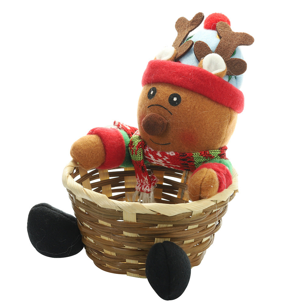 Christmas decorations fruit basket with assorted festive ornaments and seasonal colors