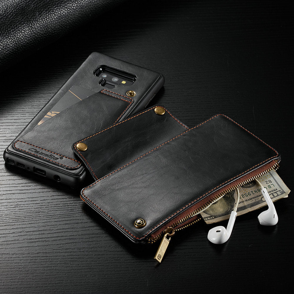 Leather flip phone case with stitched edges and card slots, shown closed and open