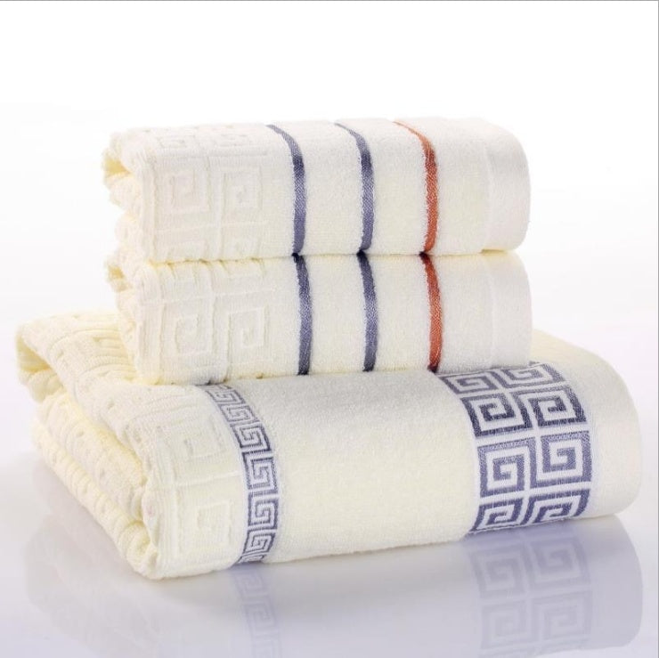 Three-piece cotton towel set by My Store, featuring soft-textured towels in assorted sizes and colors