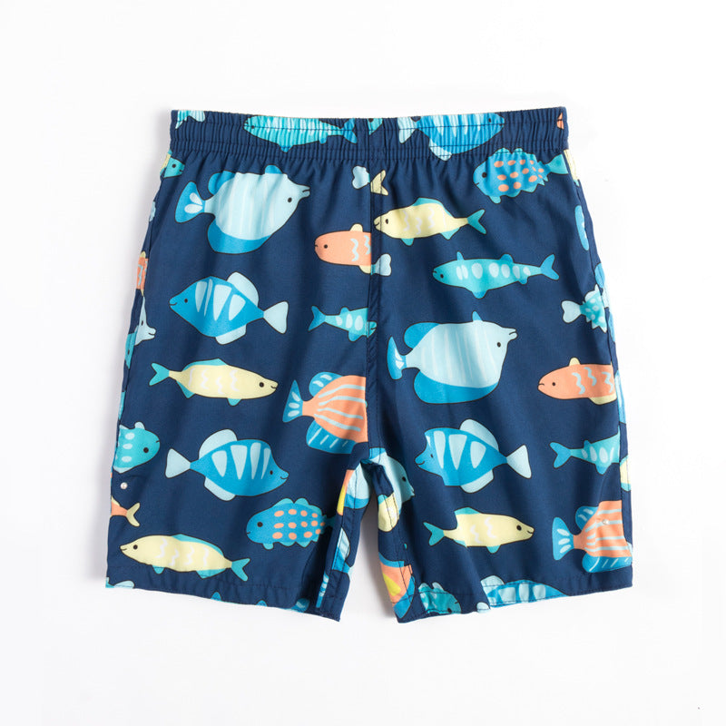 Children's beach shorts boxer swimming trunks by My Store, blue design with elastic waist and drawstring