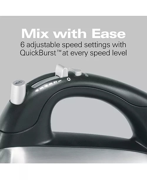 Hamilton Beach 6-speed classic hand and stand mixer with beaters and attachments, in a modern kitchen setting.