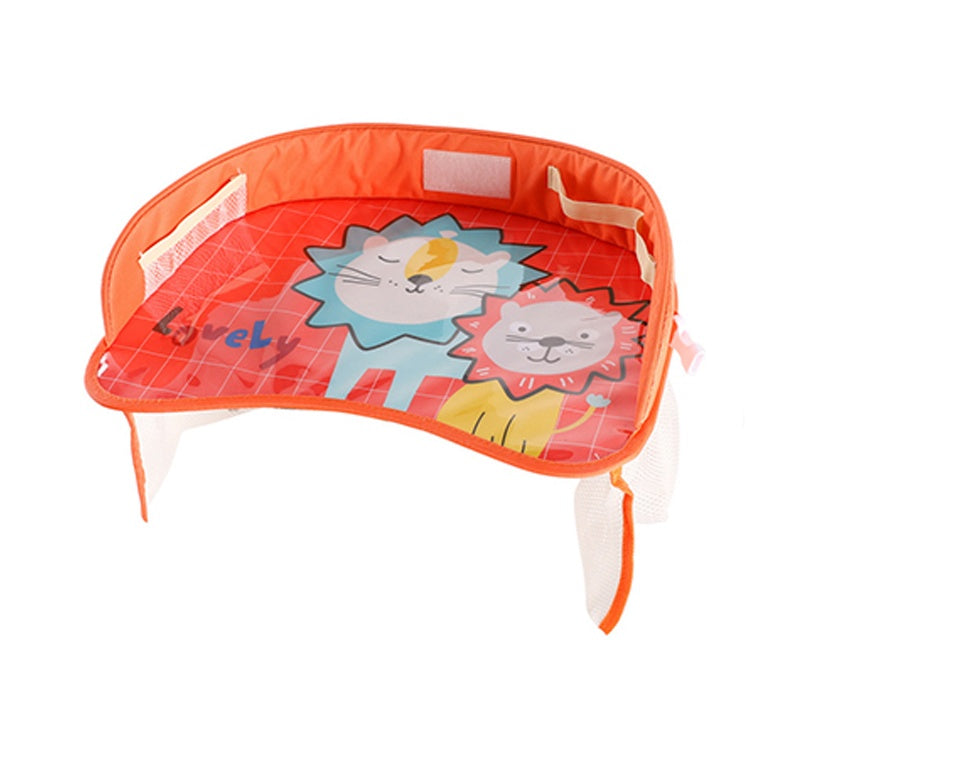 Baby car seat tray table with cup holder and snack surface, viewed from above