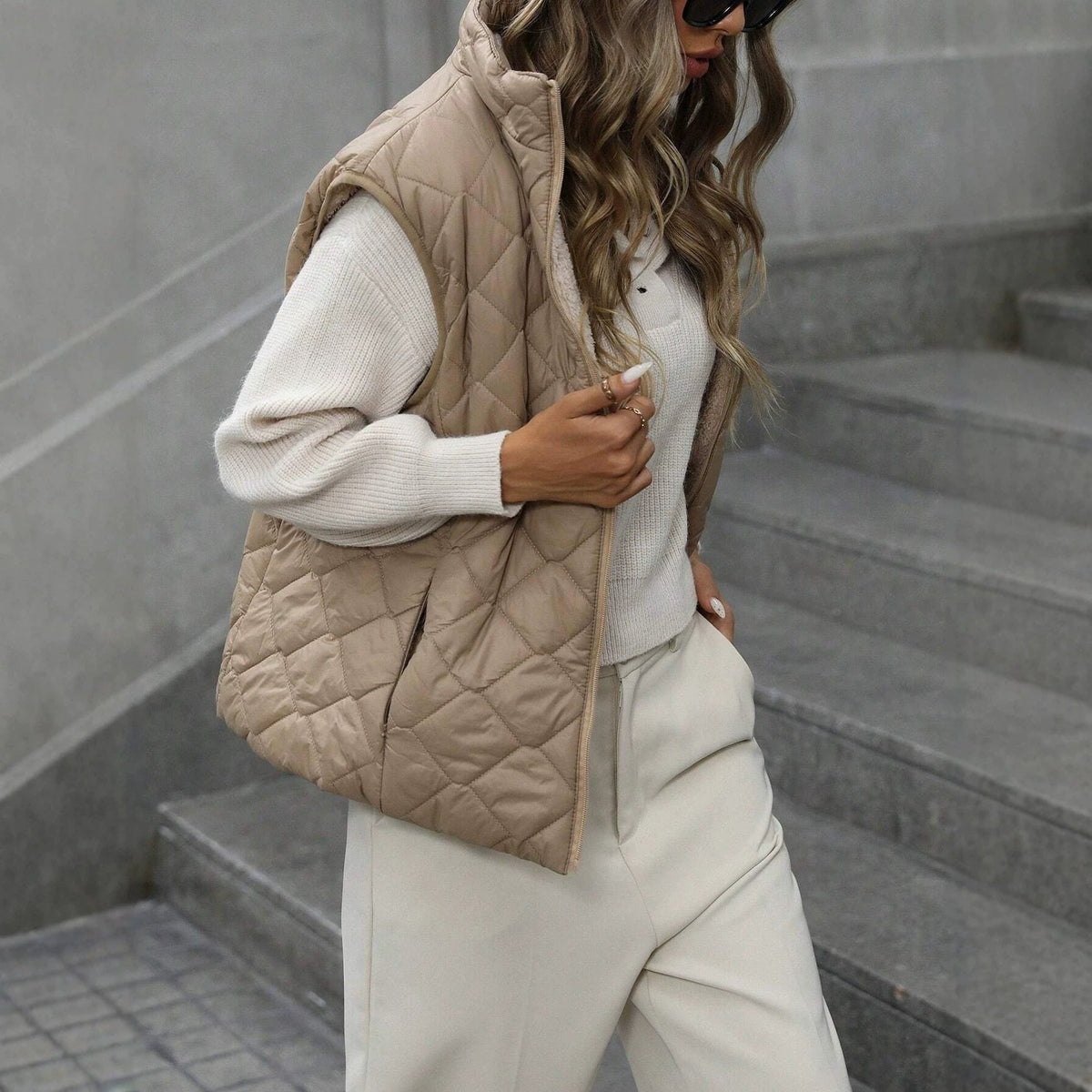 Women's zippered vest with stand collar, sleeveless waistcoat in a minimalist design