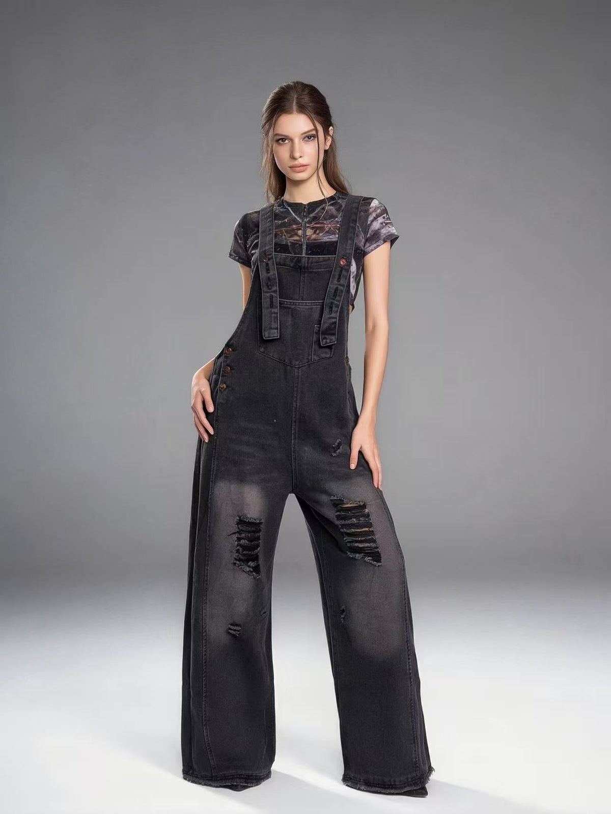 Women's retro loose-fit wide-leg denim overalls by My Store