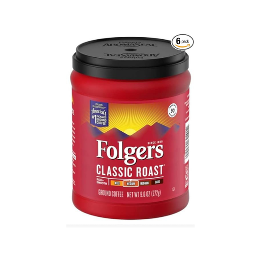 Folgers Classic Medium Roast Ground Coffee in a 9.6oz bag, fresh brewed coffee with rich aroma and smooth flavor.