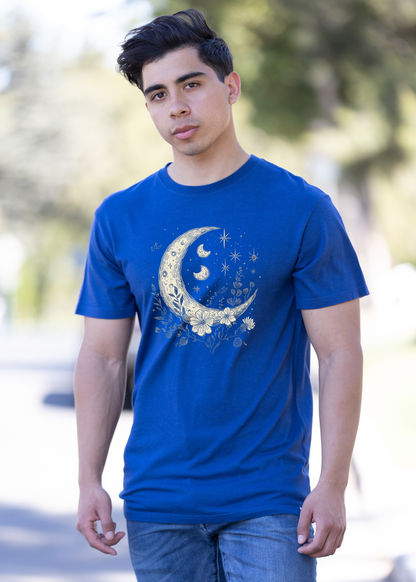 Men's Spun Bamboo T-shirt with moons, stars, and boho flower graphic in vintage style, made from bamboo and cotton fabric.