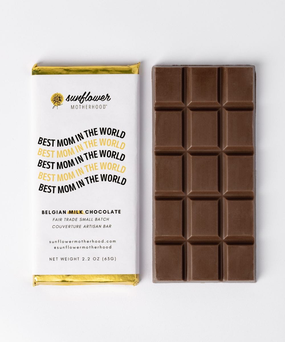 Sunflower Motherhood Belgian chocolate bar with rich, smooth milk chocolate and distinctive branding on the packaging.