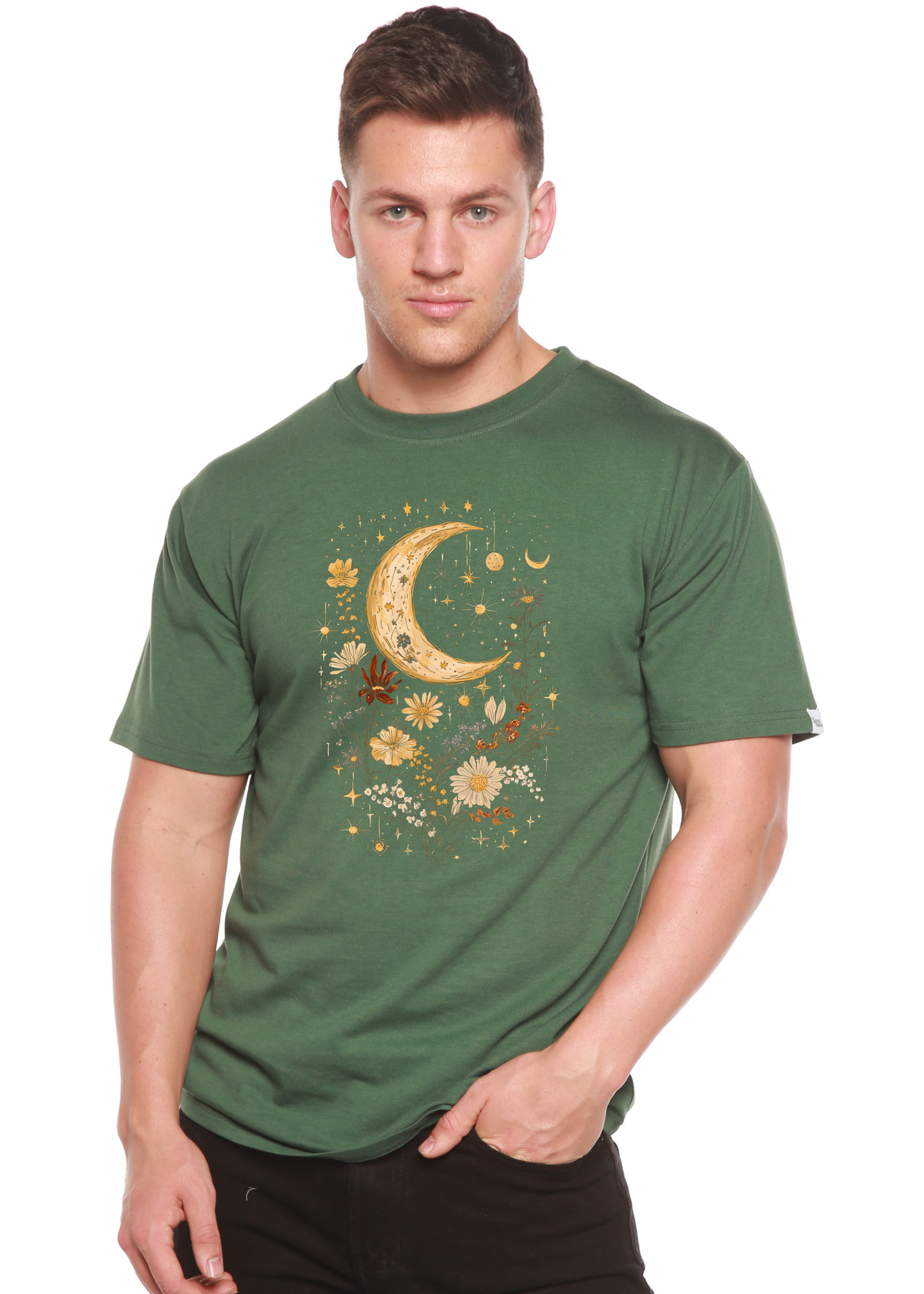 Mens printed T-shirt by Spun Bamboo featuring celestial moon, boho flowers, vintage design, with bamboo and cotton fabric.