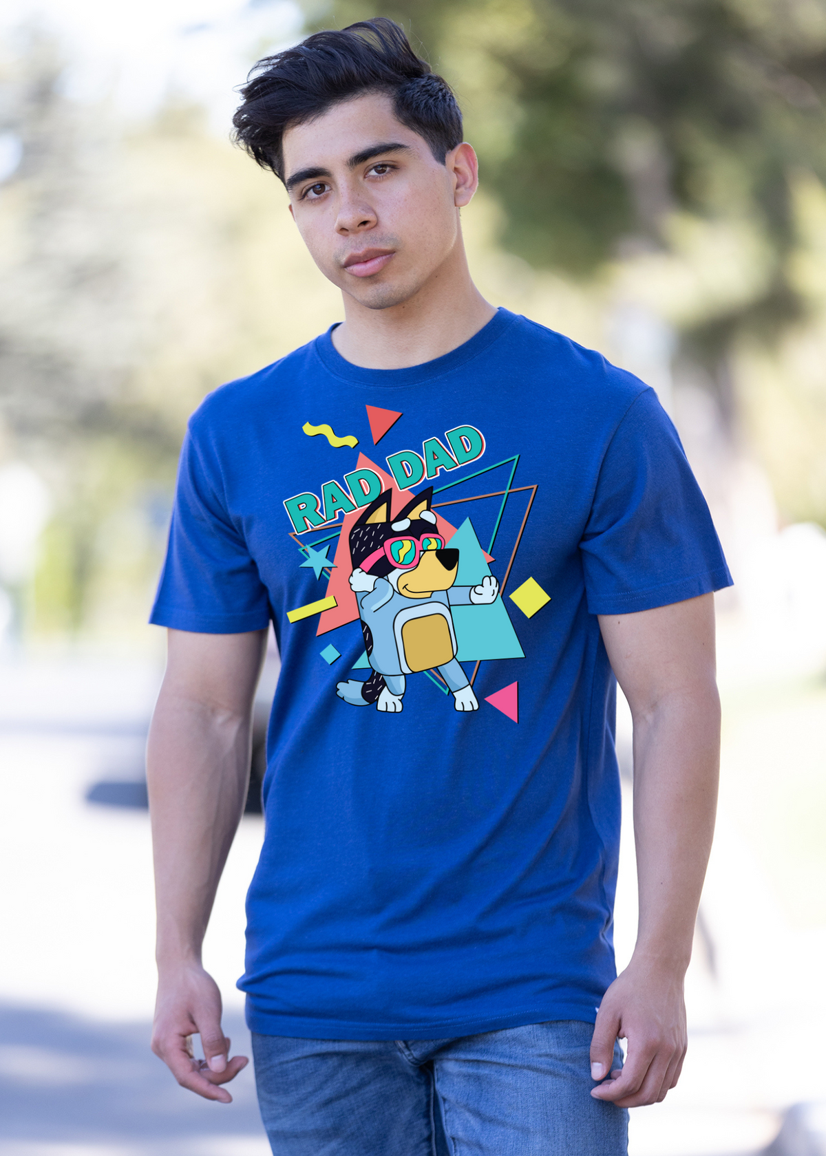 Blue Rad Dad Men's Bamboo Short Sleeve Graphic T-Shirt by Spun Bamboo featuring a colorful printed design on soft fabric.