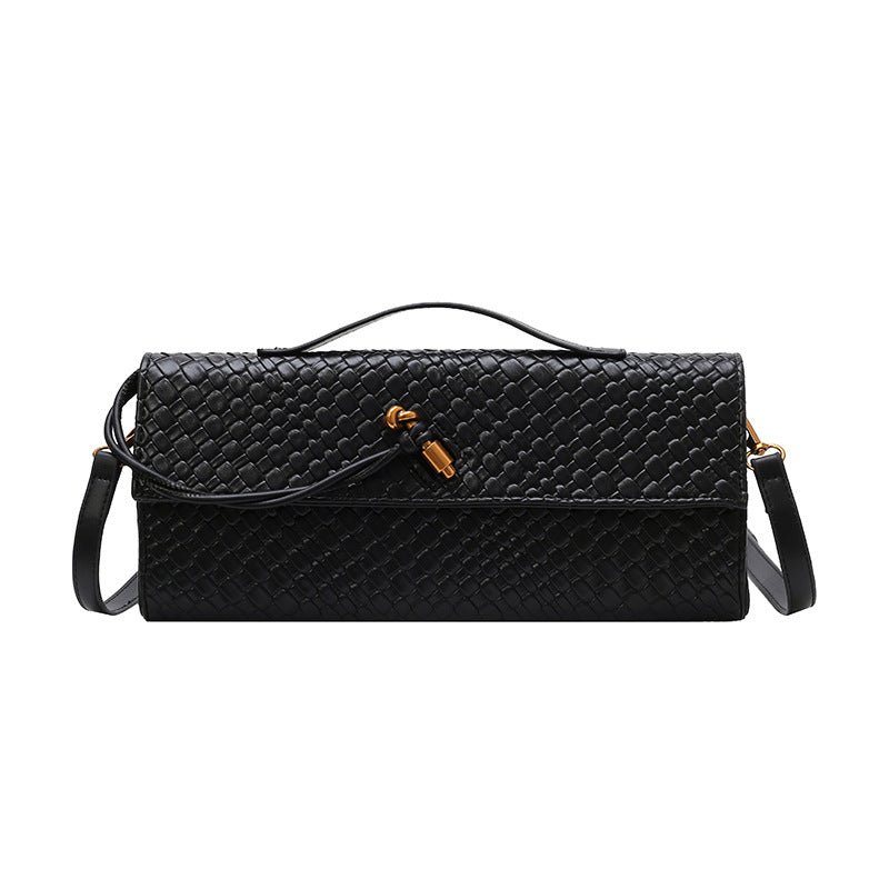 Women's woven soft leather shoulder crossbody bag, close-up view in a woven design