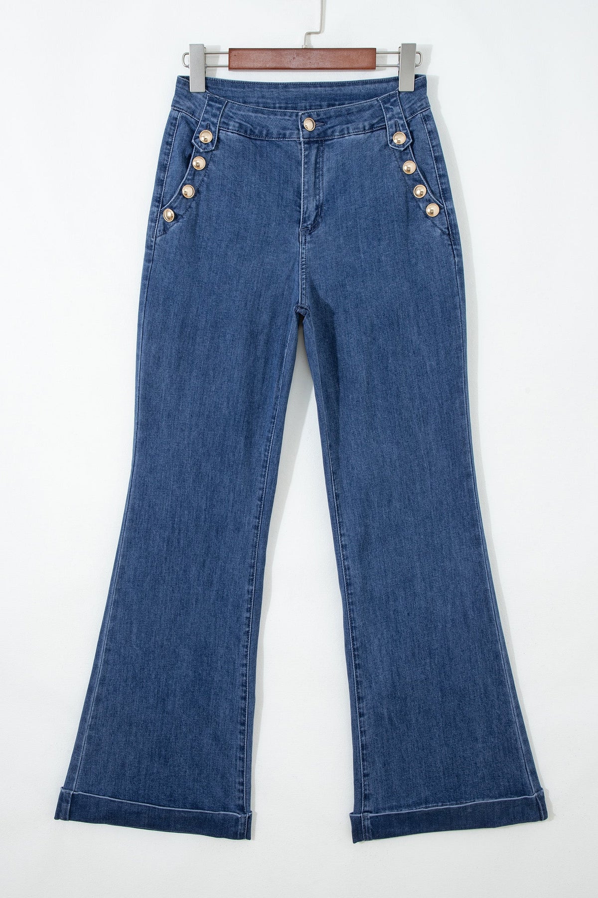 Scarlet Flare Leg Jeans by Threaded Pear showing high-waisted denim with flared legs and stylish stitching details.